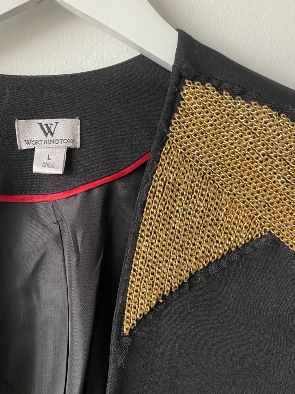 Worthington Black Open Front Blazer Jacket Gold Metallic Collar Accent Women's L - Picture 3 of 7